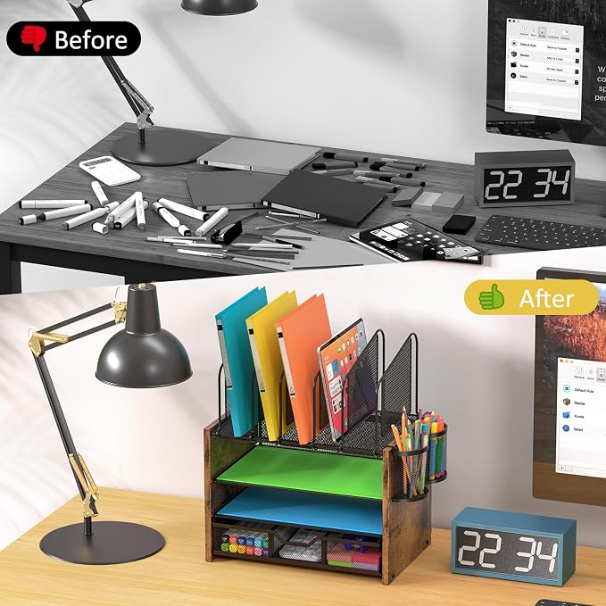 DAOUTIME 4-Tier Mesh Desk Organizer, Wooden Desk File Organizer with 5 Vertical File Holders and 2 Pen Holders, Desktop Organizers and Accessories with Drawer for Home Office - Image 7