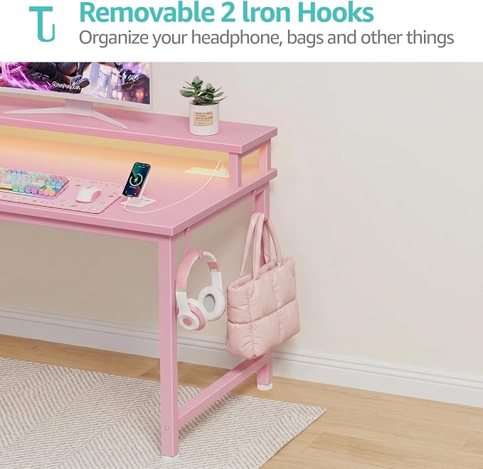 Lufeiya Girls Desk with Power Outlets and LED Lights, 40 Inch Gaming Desk Table with Charging Station, Home Office Computer Desks with Monitor, Pink - Image 8
