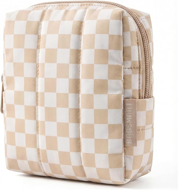 BAGSMART Small Travel Makeup Bag for Purse Toiletry Pouch, Puffy Padded Mini Cosmetics Bag, Cute Make Up Pouch for Women with Slip-in Pocket, Travel Essentials for Toiletries, Checkered Khaki by BAGSMART
