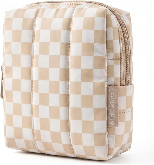 BAGSMART Small Travel Makeup Bag for Purse Toiletry Pouch, Puffy Padded Mini Cosmetics Bag, Cute Make Up Pouch for Women with Slip-in Pocket, Travel Essentials for Toiletries, Checkered Khaki by BAGSMART