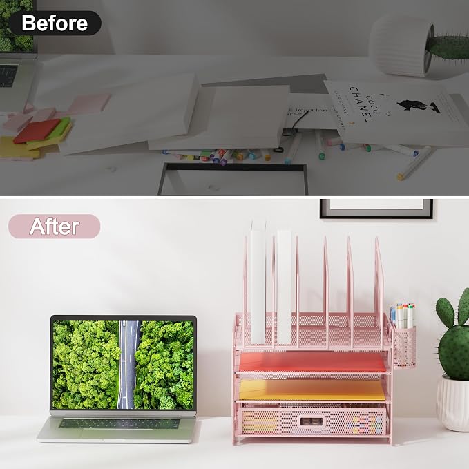 Marbrasse Desk Organizers, 4-Tier Mesh Desk File Organizer with 5 Vertical File Holders and 2 Pen Holders, Multifunction Desktop Organizer,Desk Organizers and Accessories for Home Office (Pink) - Image 6