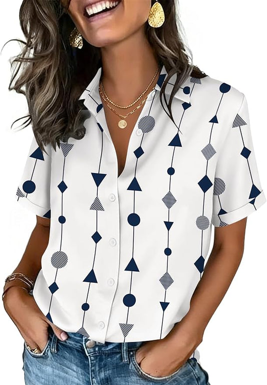 Zeagoo Button Down Shirts for Women Short Sleeve Collared Tops Dressy Casual V Neck Blouses by Zeagoo