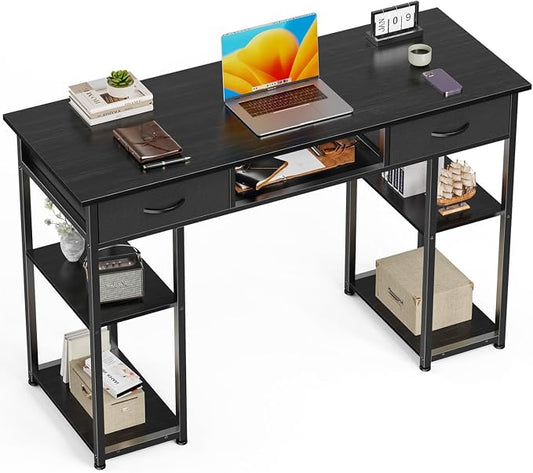 47 Inch Computer Desk with 2 Drawers, Home Office Desk with Wooden Shelves, Study Writing PC Table for Small Spaces, Bedroom, Dorm or Living Room, Black by Unknown