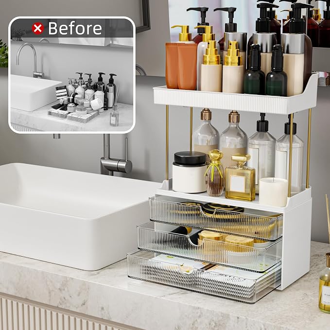 StorBin Arcylic 5-Tier Makeup & Skincare Organizer for Vanity, Bath | Smooth 3 drawers, clear body, gold frame, non-slip, for perfumes, serums, face masks, palettes, vanity & bath counter,Clear - Image 5