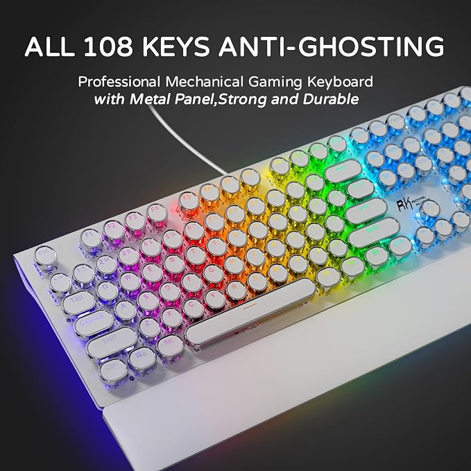 RK ROYAL KLUDGE S108 Typewriter Style Mechanical Gaming Keyboard with RGB Backlit, Wired PC Game Keyboard Full Size with Detachable Wrist Rest and Number Pad, Retro Round Keycaps, Red Switches White - Image 7