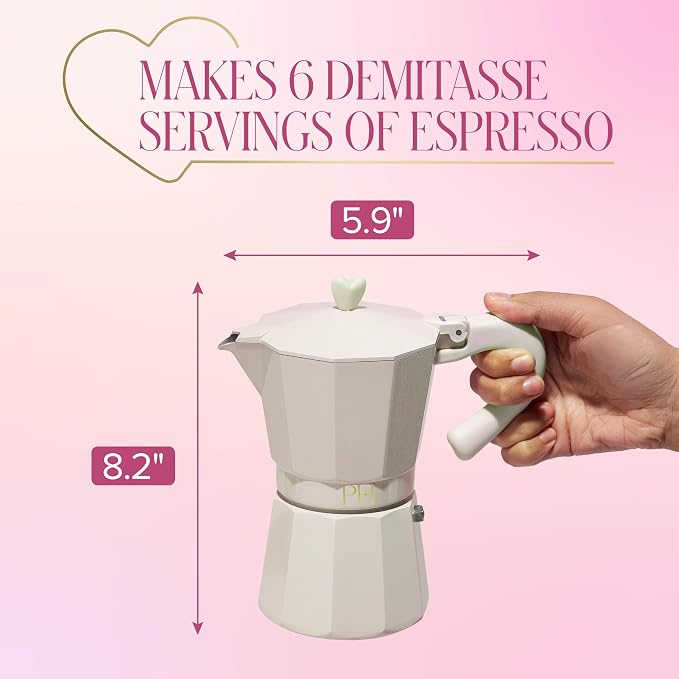 Paris Hilton Stovetop Espresso and Coffee Maker, Italian & Cuban Style Coffee Pot with Iconic Heart Knob, Perfect for Rich Aromatic Espresso, Makes up to 6 Espresso Cups, Cream - Image 2