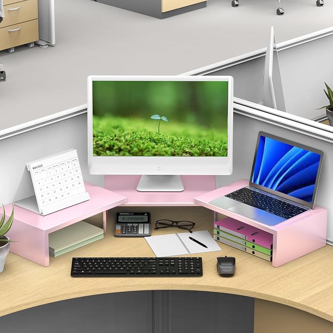 Dual Monitor Stand for Desk, Metal Monitor Riser, Pink office Supplies and Accessories (Pink) - Image 5