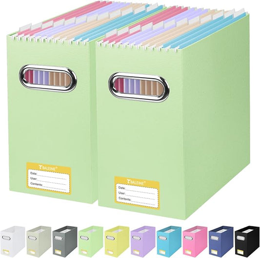 BALEINE File Organizer Box, Cardboard File Folder Organizer with Handle for Letter Size, Portable Collapsible Hanging Filing Box for Home Office Document Storage (2 Pack, Green) by BALEINE