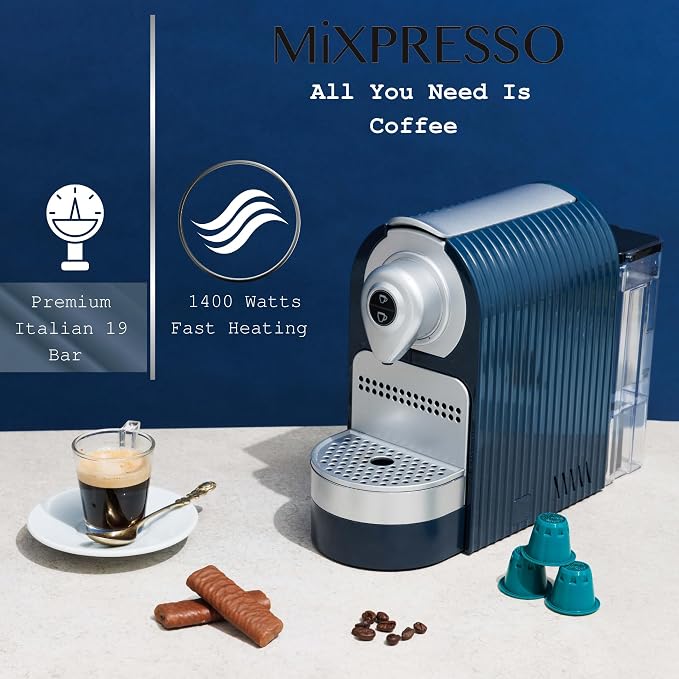 Mixpresso Espresso Machine, Compatible with Nespresso OriginalLine Capsules | 1400W single serve coffee maker with one-touch operation, 19-bar Italian pump and 27oz water tank, blue - Image 5