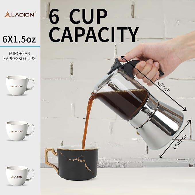 LAOION Stovetop Espresso Maker, 6Cup 240ml Moka Pot, Cuban Coffee Maker | Crystal Glass-top & Stainless Steel Coffee Maker Mocha Pot, Greca De Cafe, Cuban and Italian Coffee Maker for Cafetera Cubana - Image 2