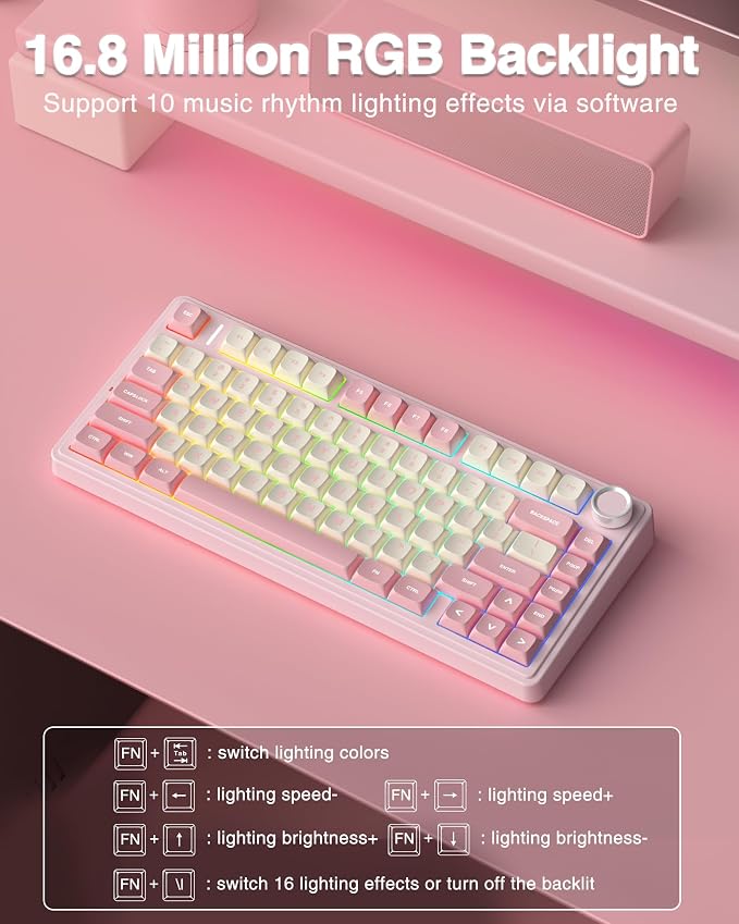 AULA F75 75% Wireless Mechanical Keyboard, Hot Swappable Pink Creamy Keyboard, Pre-lubed Linear Switches, PBT Keycaps, 2.4GHz/Type-C/BT5.0, RGB Backlit Computer Gaming Keyboards for Office/Laptop/PC - Image 6