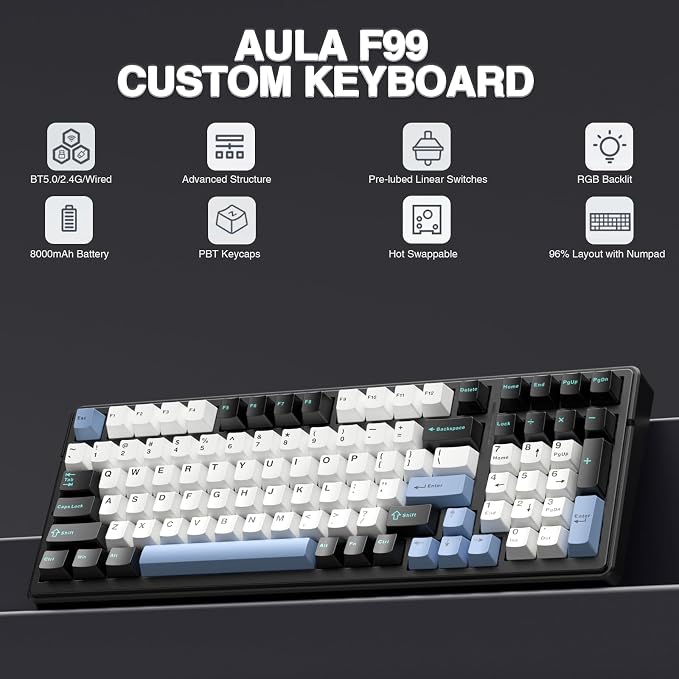 AULA F99 Wireless Mechanical Keyboard,Tri-Mode BT5.0/2.4GHz/USB-C Hot Swappable Custom Keyboard,Pre-lubed Linear Switches,RGB Backlit Gaming Keyboards for PC/Tablet/Xbox/PS4/PS5 - Image 2