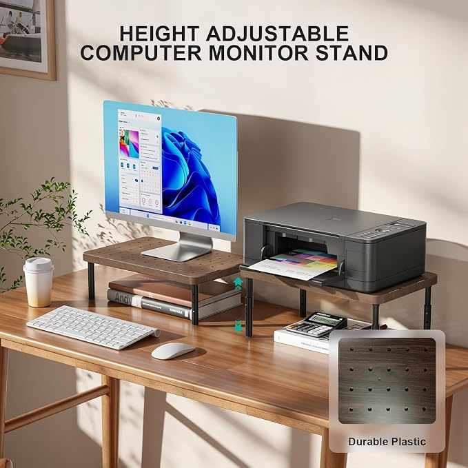 WALI Plastic Computer Monitor Stand for Desk, Adjustable Laptop Riser, Desk Monitor Stand Underneath Storage for Office, Home, School Supplies (PTT001-C), 1 Pack, Brown - Image 3