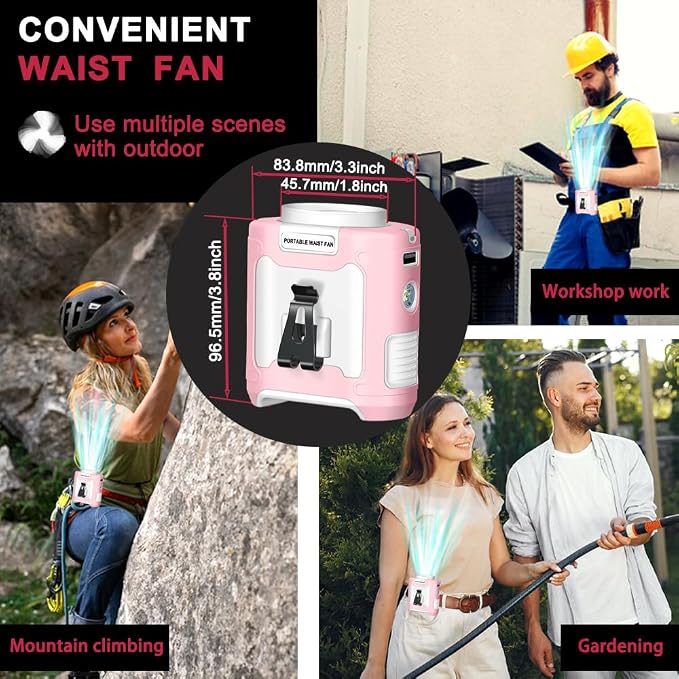 CAZOKASI 2024 Upgrade 10000mAh Waist Clip Portable Personal Body Fan - Powerful Upto 40H Cooling and Heatstroke Prevention (Gray and Orange, Pink White) - Image 6