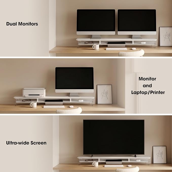 Fenge 42.5" Dual Monitor Stand with Clear Acrylic Legs, White | Clear acrylic, storage compartment, 2-tier home office monitor riser, wide large desktop shelf fit monitor/laptop/printer - Image 5
