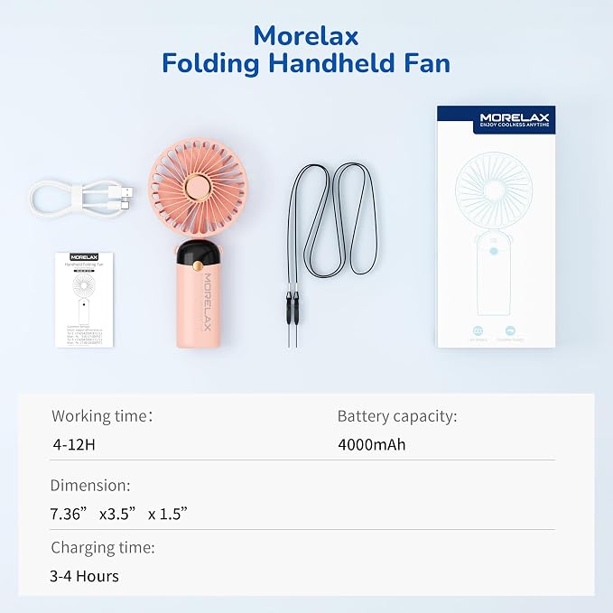 Morelax Handheld Mini Fan,USB Rechargeable Fodable Personal Fans 4000mAh,90 Adjustable, 6 Speed Strong Wind,Portable Fan Pocket Design 5 IN 1Cooling Table Fan for Office School Outdoor Travel,Pink - Image 8
