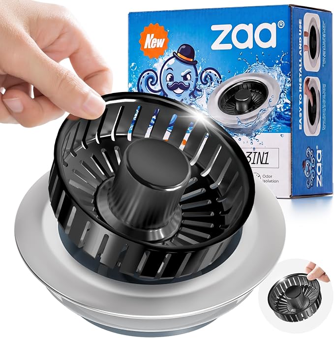 3 in 1 Kitchen Sink Drain Strainer Stopper Removable Basket Pop-Up | Kitchen Sink Accessories 1 Pack Brushed Black Stainless - Food Catcher, Odor-Blocking Seal, Fits 3.5" Drain by zaa