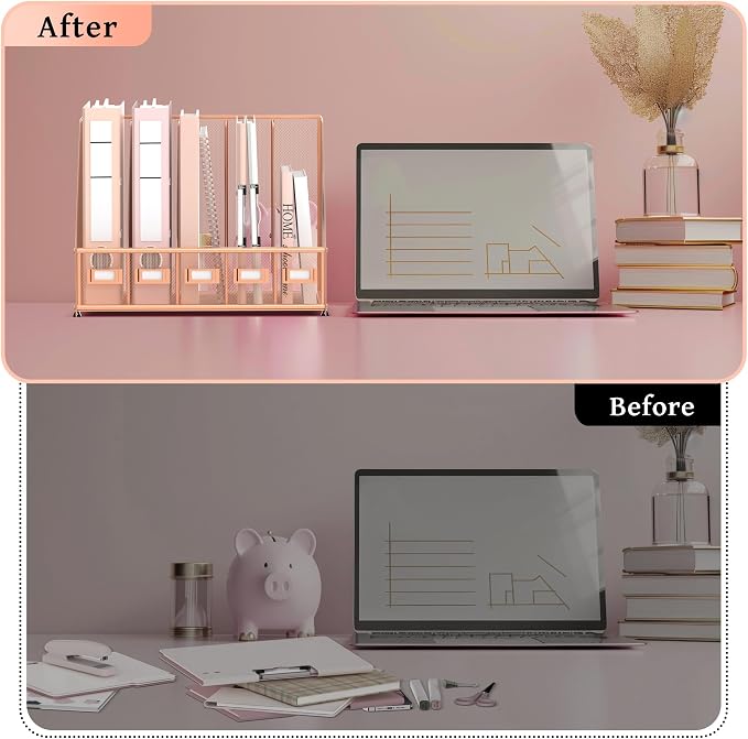 SUPEASY Desk Organizers Metal Desk Magazine File Holder with 5 Vertical Compartments Rack File Organizer for Office Desktop, Home Workspace, Rose Gold, Plus - Image 5