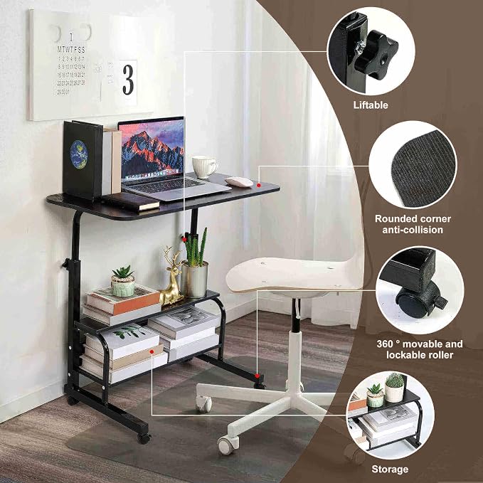 Adjustable Height Mobile Computer Desk for Small Space Rolling Table with Wheels Desk Home Office Study Desk Portable for Bedrooms Work Size 31.5x15.7 Inch Black with Storage Gaming Table B - Image 4