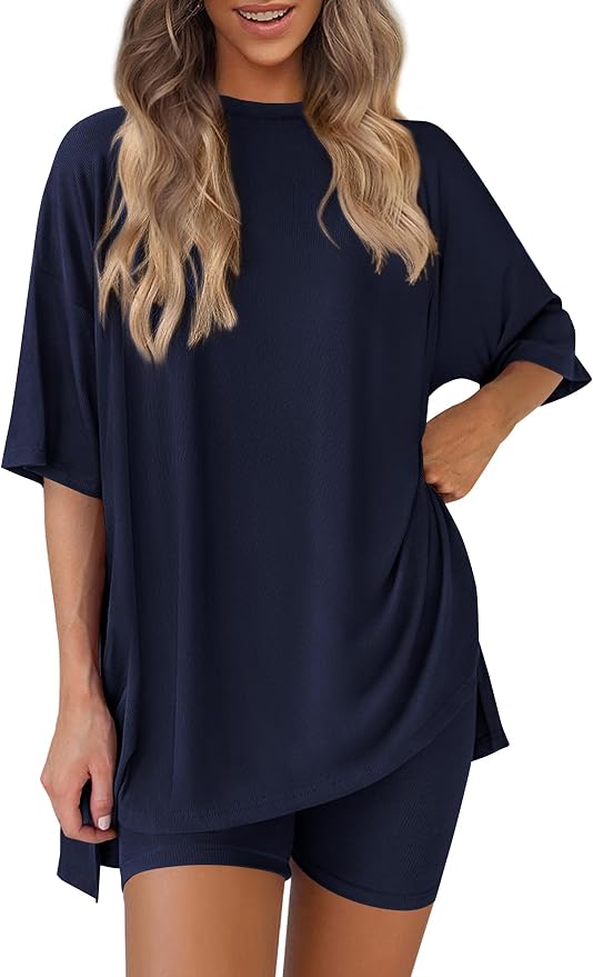 PRETTYGARDEN Women 2 Piece Lounge Set 2026 Summer Casual Oversized Shirts Biker Shorts Matching Airport Travel Outfit Clothes by PRETTYGARDEN
