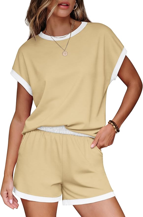 WIHOLL Two Piece Sets for Women Summer Lounge Short Sets Cap Sleeve Crew Neck Sweatsuit with Pocket XS-2XL - Image 2