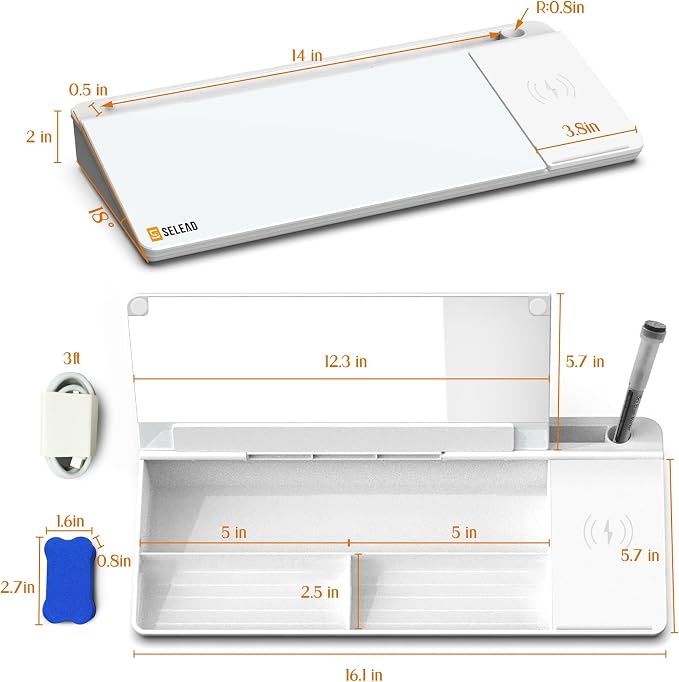 SELEAD Desktop Glass Whiteboard with Wireless Charger & Built-in Mirror, Dry Erase Board Computer Pad Keyboard Stand with Organizer for Home, School, Office Desk Accessories, White - Image 8