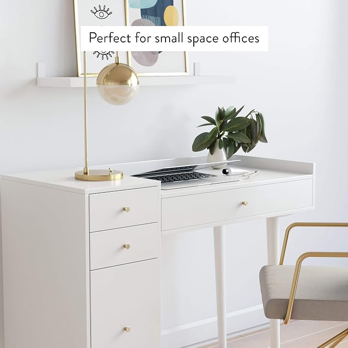 Nathan James Daisy Vanity Dressing Table or Makeup Desk with 4-Drawers and Brass Accent Knobs, White Wood - Image 7