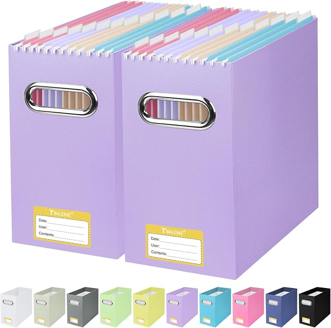 BALEINE File Organizer Box, Cardboard File Folder Organizer with Handle for Letter Size, Portable Collapsible Hanging Filing Box for Home Office Document Storage (2 Pack, Lavender) by BALEINE