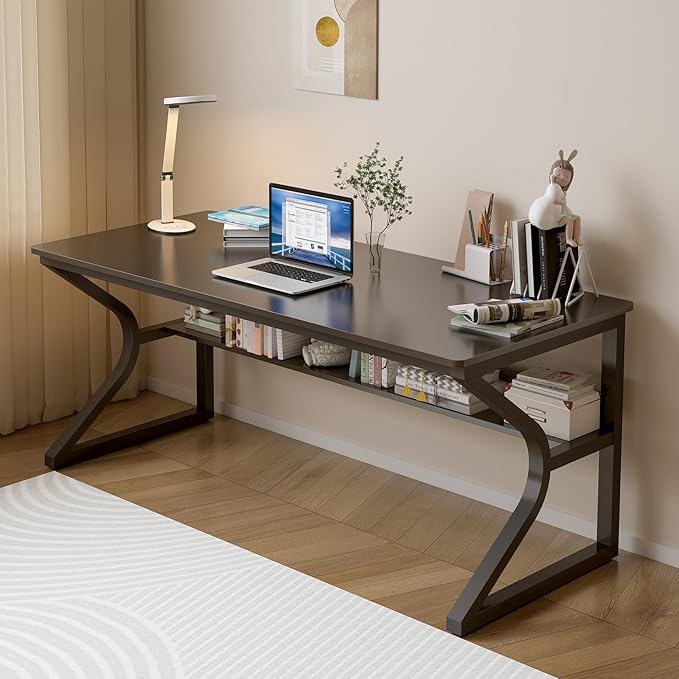 OSCHF 55-Inch Extra Long Desk with Storage Shelf, Black | Double Long Writing Table, Space-saving, 2-Person Workstation, Modern Study Work Computer Desk, For Home Office by OSCHF