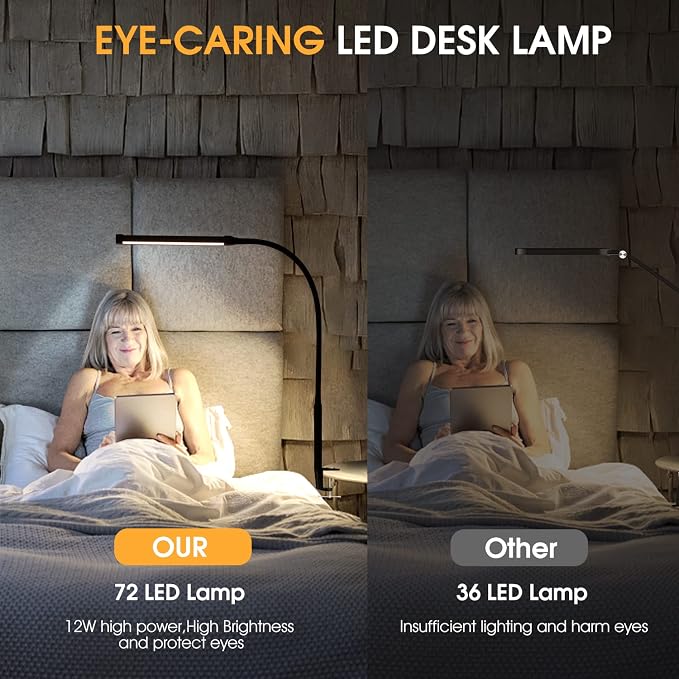 Voncerus LED Desk Lamp with Clamp, Clip on Lights for Home Office, Black | 3 Modes 10 Brightness, Long Flexible Goose-Neck, Eye-Caring, Memory Function, Energy Efficient, USB Adapter, Metal - Image 5