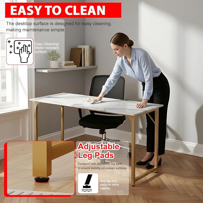 PayLessHere | 55 Inch Computer Desk | White Gold | Office Desk with Metal Frame, Adjustable Feet | Water-Resistant, Scratchproof Surface | Sturdy Writing Table for Home Office or Study | Pack of 1 - Image 5
