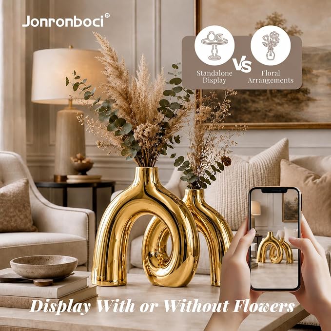 Hug Donut Decorative Vase Set - Golden Modern Classic Transitional Style Vases Home Decor, Matte Ceramic Decorations for Living Room Shelf, Bookshelf Mantle Entryway Table or Console Décor (Gold) - Image 5