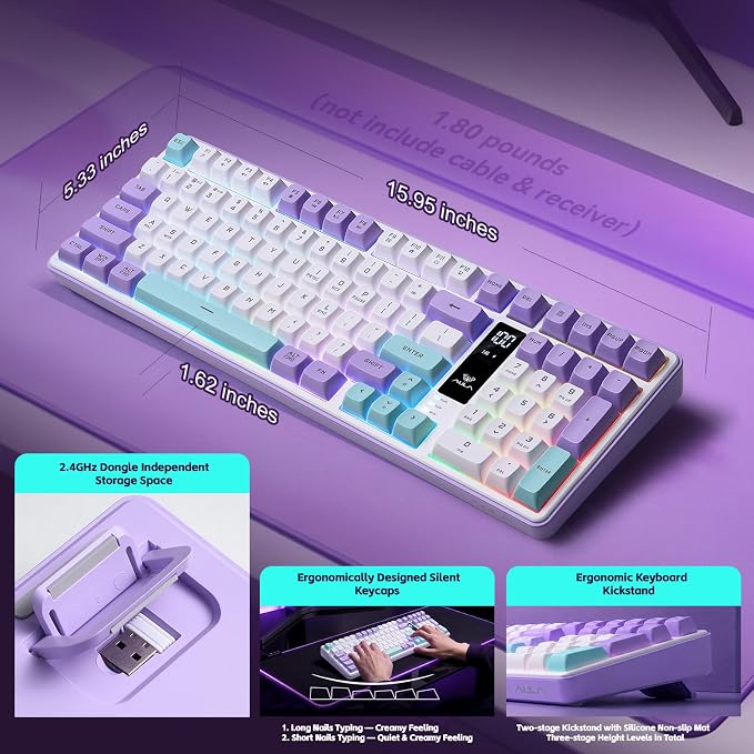 Aula S99pro V2 Full Size Gaming Keyboard,Wireless Creamy Membrane Keyboard | Tri-Mode Bluetooth/2.4GHz/USB-C,16.8mil RGB Backlit,Media Digital Screen,4000mAh Computer Wireless Keyboard with Number Pad - Image 3