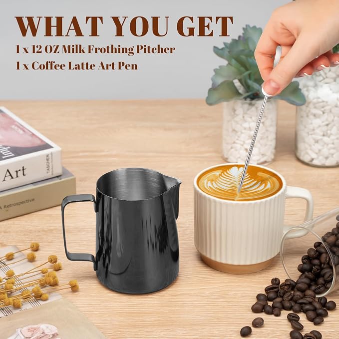 Amrules Milk Frothing Pitcher, 12 oz Milk Frother Cup with Clear Scale, 304 Stainless Steel Cappuccino Espresso Machine Accessories for Barista Coffee Bar with Latte Art Pen, Bright Black - Image 3