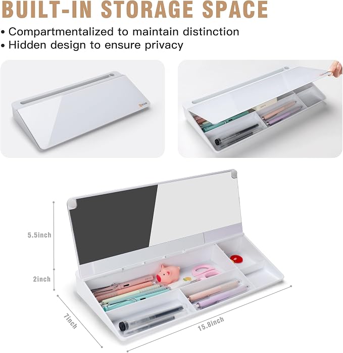 SELEAD Desktop Glass Whiteboard with Organizer & Built-in Mirror, Small Dry Erase White Board Computer Pad Keyboard Stand for Home, School, Office Desk Accessories - White - Image 5