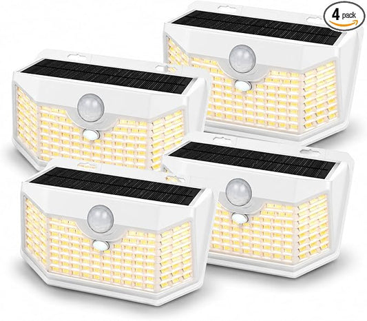 HMCITY 120 LED Solar Lights Outdoor with Motion Sensor and 3 Lighting Modes, IP65 Waterproof Wide Solar Wall Lights Ideal for Garden Patio Yard (Front Button 4Packs, White Shell-Warm White) by LightingUpYourLife