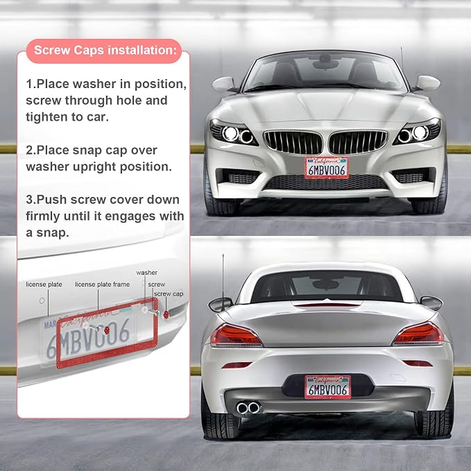 QUANQIUFEI 2 Pack Bling License Plate Frames for Women, Sparkly Rhinestone Diamond Car Accessories with Glitter Crystal Caps (Red) - Image 5