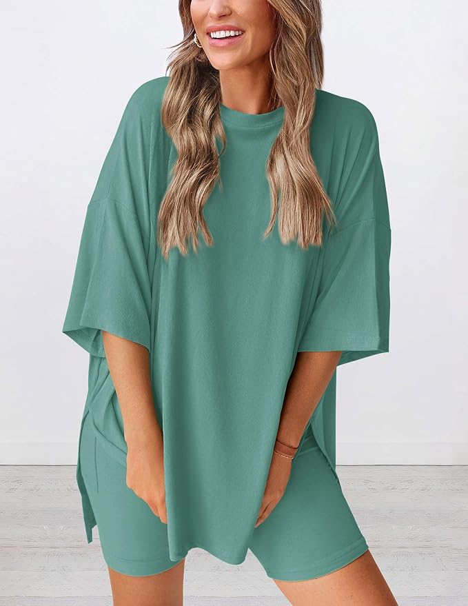 PRETTYGARDEN Women 2 Piece Lounge Set 2026 Summer Casual Oversized Shirts Biker Shorts Matching Airport Travel Outfit Clothes - Image 3