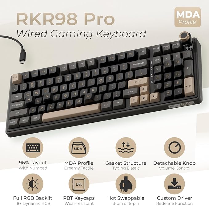 RK ROYAL KLUDGE R98 Pro Wired Mechanical Keyboard, 96% Creamy Gaming Keyboard RGB Backlit with Number Pad and Volume Knob, Gasket Mount, MDA Profile PBT Keycaps, Hot Swappable Pre-lubed Linear Switch - Image 2