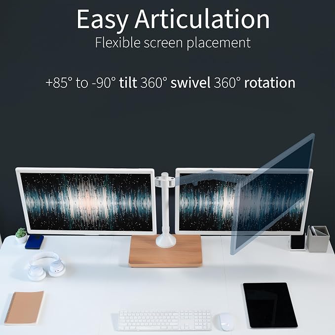 VIVO Dual Monitor Desk Stand for 13 to 32 inch Screens, STAND-V002FD-W | Articulating, Freestanding Adjustable Monitor Arm, White with Wood Base, Computer Stand for 2 Monitors, Holds 22 lbs Each - Image 5