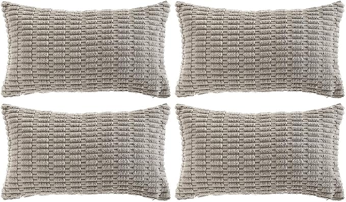 Fancy Homi 4 Packs Grey Decorative Throw Pillow Covers 14x24 Inch for Living Room Couch Bed, Rustic Modern Farmhouse Boho Home Decor, Soft Plush Corduroy Gray Cute Square Accent Cushion Case 35x60 cm by Fancy+Homi