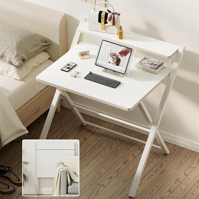 GreenForest Folding Desk No Assembly Required Large Size, 2-Tier Foldable Computer Desk with Shelf for Home Office, Space Saving Portable Laptop Study Foldable Table for Bedroom, White | Portable Foldable Table for Laptop, 2-Tier Compact with Shelf, Sp... - Image 7
