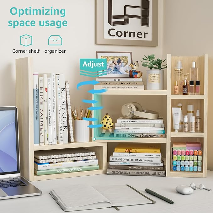 NUTIKAS Desk Shelves Desktop Organizer Shlef - Natural Wood Tone Office Organization for Top of Desk Organizers and Accessories Corner Bookshelf Table Top Shelving Small Hutch Decorations for Office - Image 6