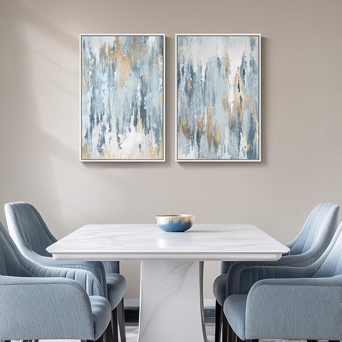 Large White Framed Blue and Gold Abstract Canvas Wall Art, 2 Piece Modern Minimalist Art Prints Paintings Artwork for Walls, Glitter Pictures for Living Room, Dining Room, Bedroom Wall Decor 20x30 In - Image 5