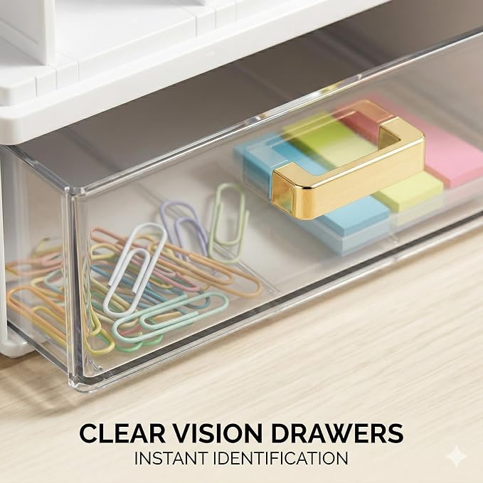 CiWiVOKi Desk Organizer with 4 File Slots and 2 Drawers, White | Desktop organizer with dual pen holders for storing files, mail, notebooks and office supplies in home or office use - Image 5