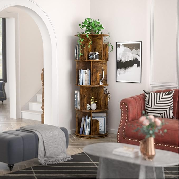 Aheaplus Rotating Bookshelf, Small Corner Bookshelf for Small Space, 360 Display 4 Tier Floor Standing Bookcase Storage Rack, Wood Narrow Book Shelf Organizer for Bedroom, Living Room, Rustic Brown - Image 2