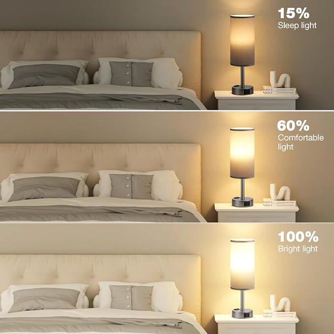 Fenmzee Grey Bedside Table Lamp for Bedroom - 3 Way Dimmable Touch Lamp USB C Charging Ports and AC Outlet, Small Lamp for Living Room, Desk, LED Bulb Included - Image 5