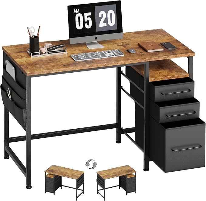 Maihail Small Desk with Drawers, Office Desk with Storage Shelves, Brown | 40 Inch Desktop, Metal Frame, 3 Fabric Drawers, Storage Shelves, Computer & Writing Desk, Office Gaming Workstation by Maihail
