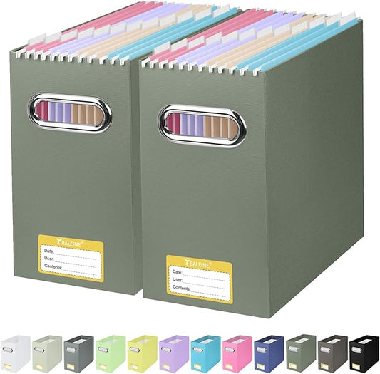 BALEINE File Organizer Box, Cardboard File Folder Organizer with Handle for Letter Size, Portable Collapsible Hanging Filing Box for Home Office Document Storage (2 Pack,Olive) by BALEINE