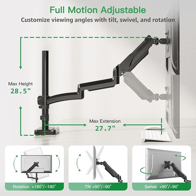 MOUNT PRO Single Long Monitor Arm, 13 to 32 inch Computer Monitor Desk Mount, Extra Long Adjustable Screen Stand, Tall Display Mount with Tilt, Swivel, Rotation, Hold up to 19.8lbs, VESA 75/100mm - Image 5